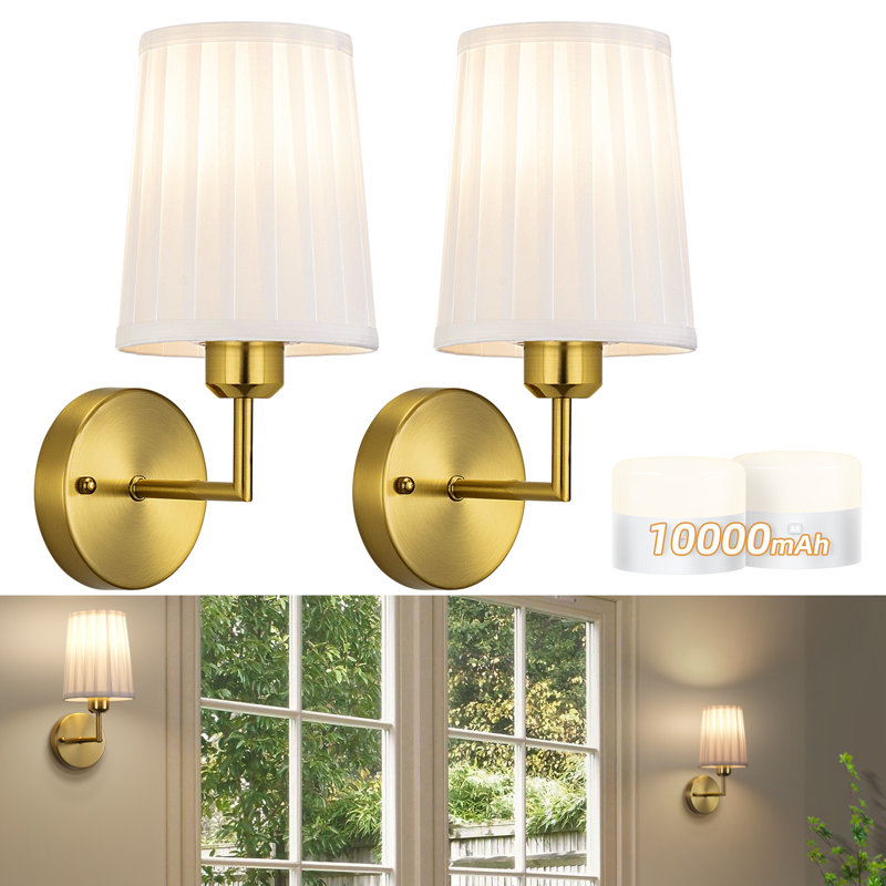 Battery Operated Wall Sconce, Pleated Fabric Rechargeable Wall Sconces, Gold