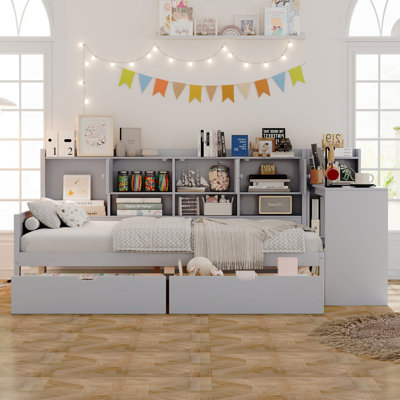 Full Size Daybed With Storage 3 Cabinets And 2 Drawers, Wooden L-Shape Daybed Frame With Study Desk And Built-In Bookshelf, Multi-Functional Bed For Bedroom Guest Room