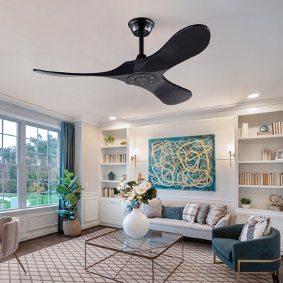 42 Inch Black Ceiling Fan Without Light, 3 Blades Solid Wood Ceiling Fan with Downrod, 6-Speed Reversible Quiet DC Fan with Remote, 1/4/8 Hour Timer, for Patio Living Room Bedroom