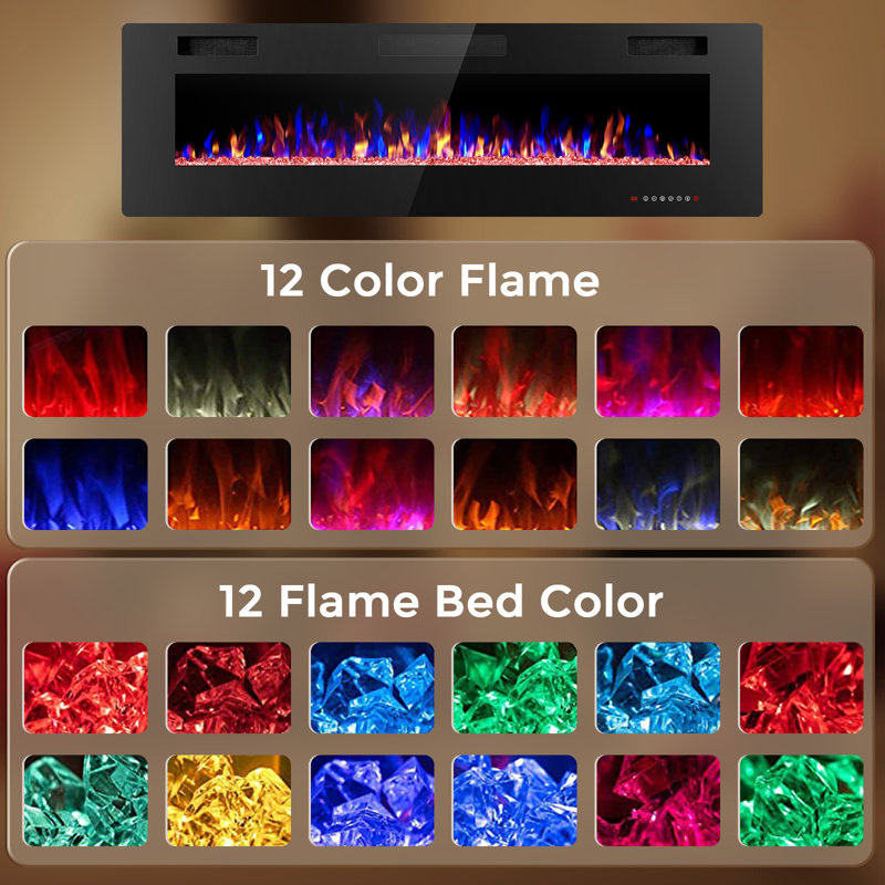 Recessed & Wall Mounted Electric Fireplace with Touch Screen & Remote Control, 12 Flame Colors, Crystal Stones, 1-8H Timer, 1500W