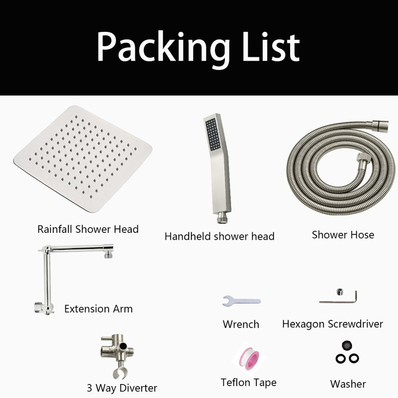 10 Inches Rainfall Shower Head With Handheld Spray Combo,  Adjustable Extension Arm, 71 Inches Stainless Steel Hose