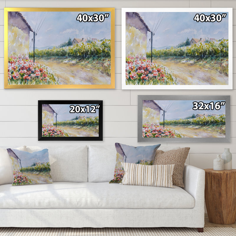 Fleurs de coquelicot par une campagne - peinture sur toile, H 34 po x l 44 po, Cadre de coin blanc fermé