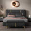 Ensemble de chambre grand lit avec lit plateforme tapissier et rangement hydraulique, repose-pieds de rangement noir, pieds en métal