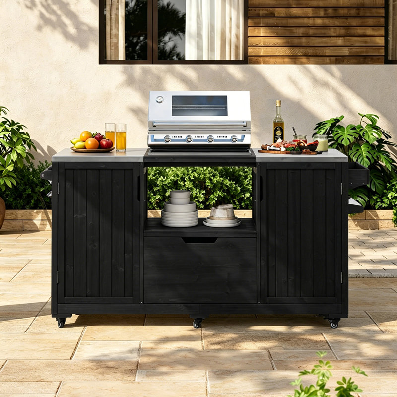 Outdoor Kitchen Island, Solid Rolling Bar Cart with Stainless Steel Top & Storage Cabinet Drawer for Large Big Green Egg, Kamado Joe