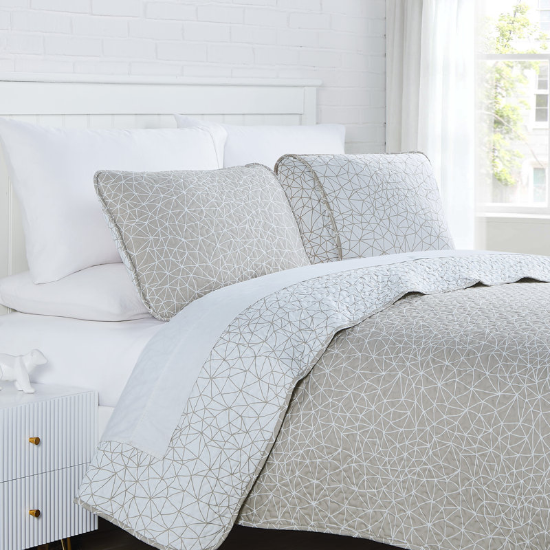 Geometric Maze Collection Microfiber Quilt Set, Taupe, Queen Quilt + 2 Standard Shams