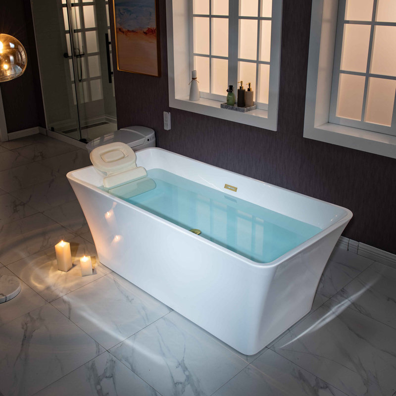Echo 59'' x 29.5'' Soaking Acrylic Bathtub, White/Brushed Gold