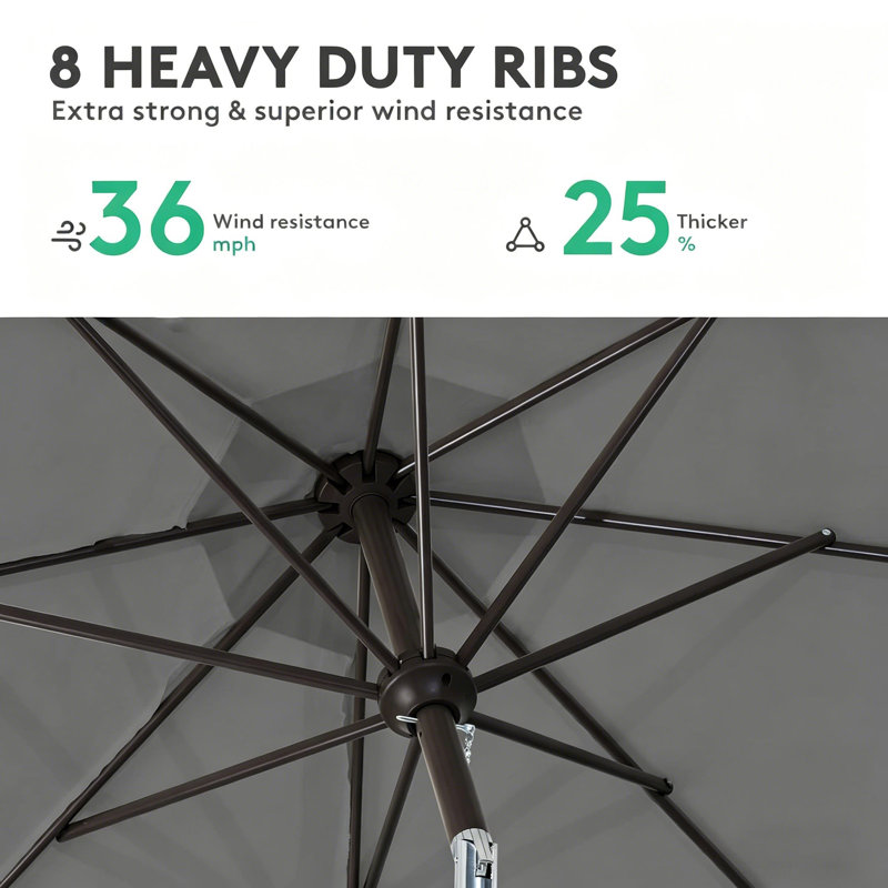 Parasol de marché pour terrasse 9 pi avec manivelle et inclinaison à bouton-poussoir, 8 nervures imperméables aux rayons UV