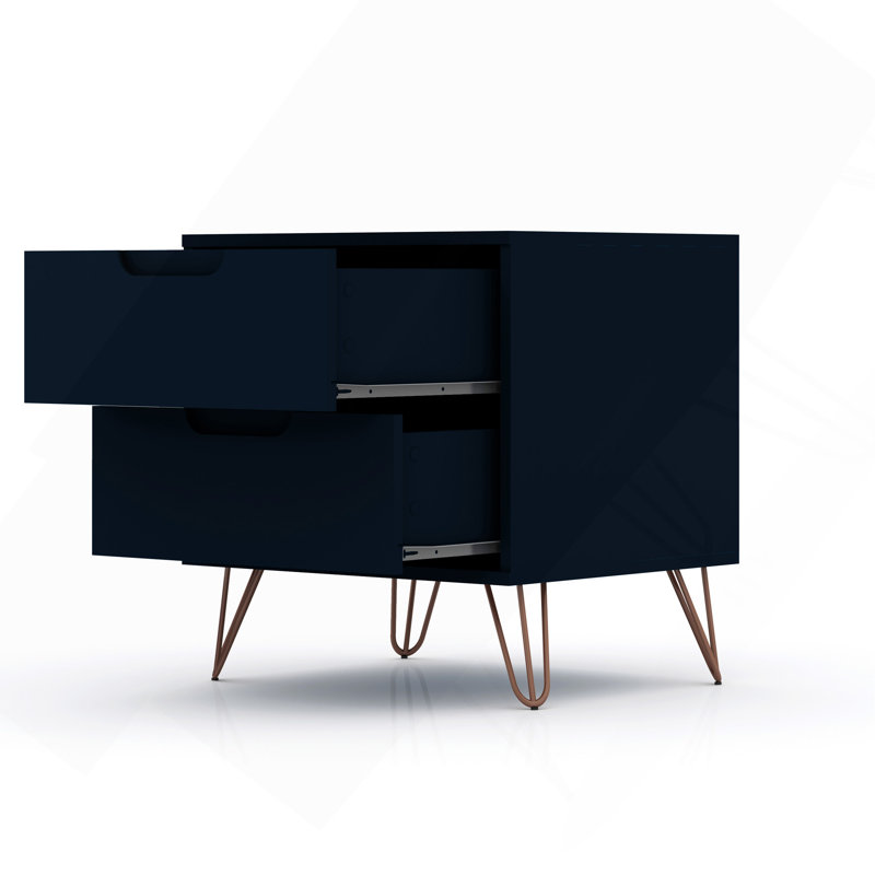 Rockefeller 20" Nightstand In Midnight Blue (2-Drawer), Dark Blue/Bronze