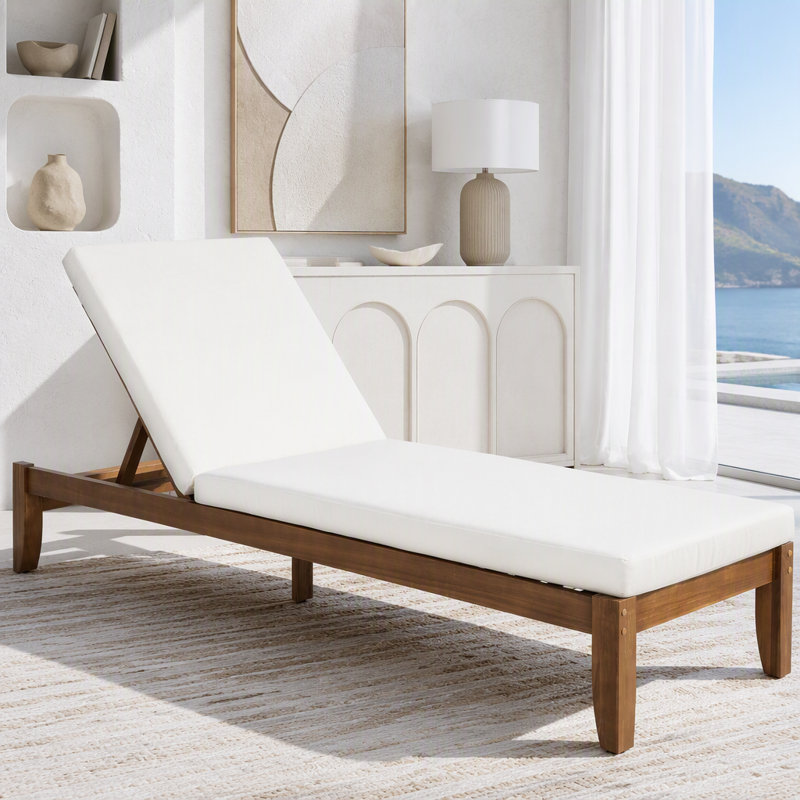 Chaise longue d'extérieur réglable avec coussin imperméable, L 24,8 po, Beige, noyer