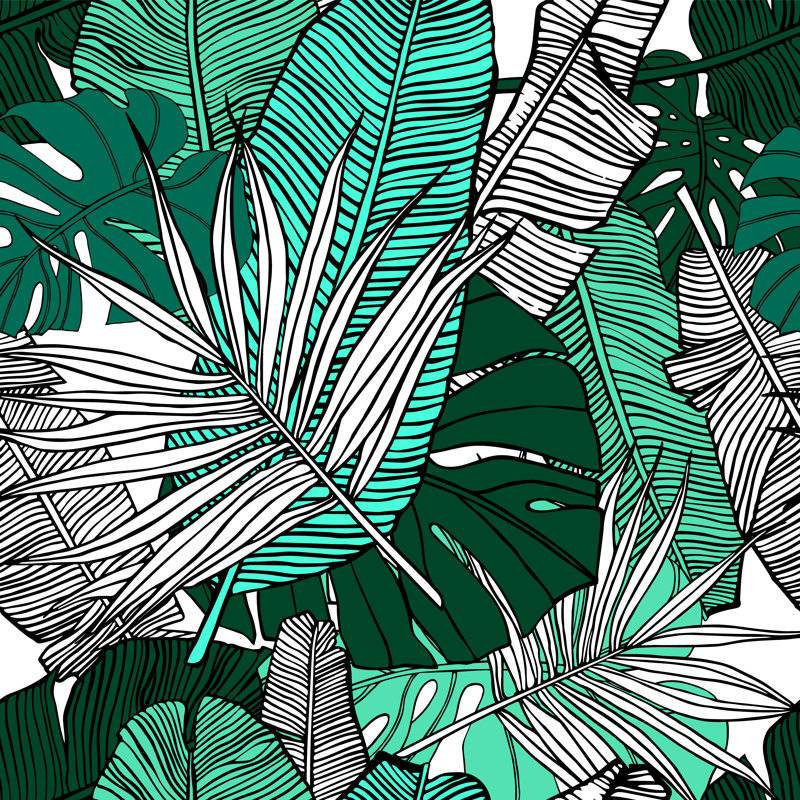 Hand Drawn Illustration With Foliage Of Tropical Plants. Seamless Pattern With Banana Leaves, Palm Leaves And Monstera. Bright Summer Vector Design. - Wrapped Canvas Print