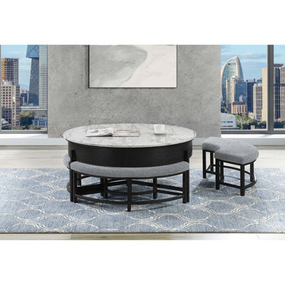Table basse contemporaine avec rangement relevable et tabourets inclus