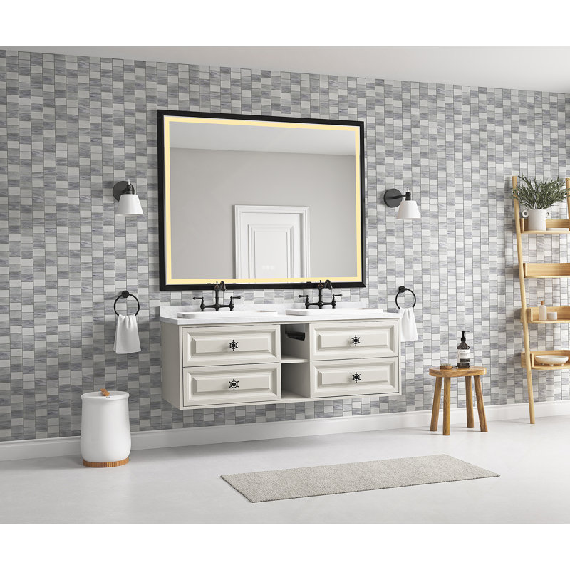 Miroir de salle de bain 60 po x 48 po à DEL avec cadre en aluminium, miroir de meuble-lavabo mural, anti-buée, mémoire, 3 couleurs, réglable en continu