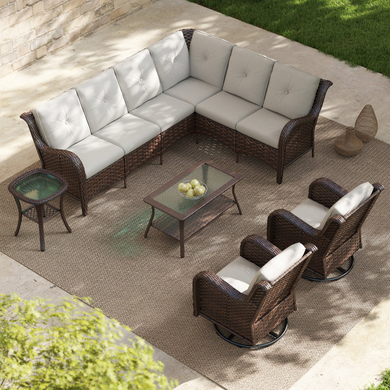 Ensemble de conversation modulaire en rotin pour 8 personnes avec 2 chaises et coussins Ansis