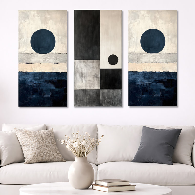 «Midnight Circle Horizon - Blue Mid-century», ensemble d'art mural sur toile, Toile tendue, H 32 po x l 48 po