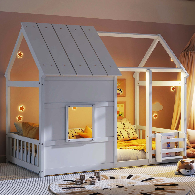 Twin-Sized House-Style Floor Bed With 7-Colour LED Lights, Nude & White Colour, Blanc
