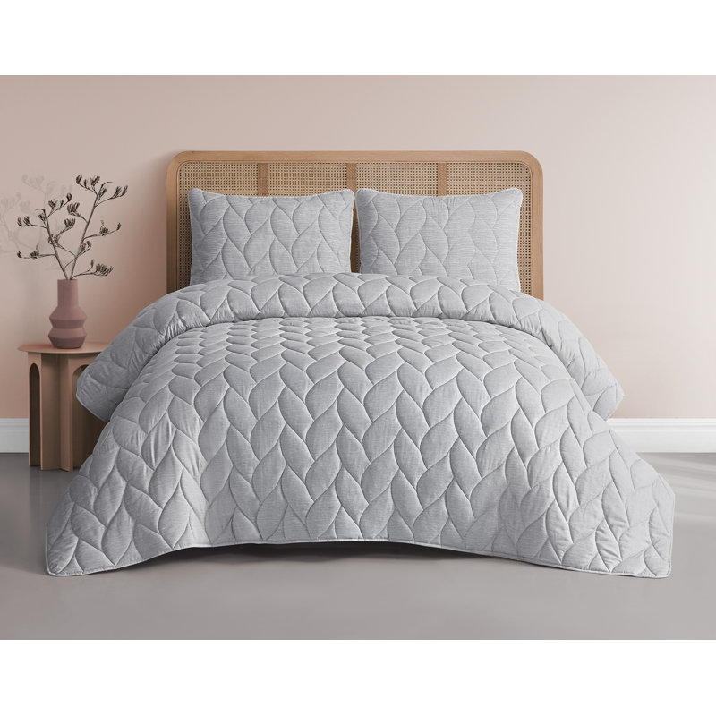 Ensemble d'édredon réversible 3 pièces Emily, Édredon pour très grand lit + 2 taies décorativ, Gris