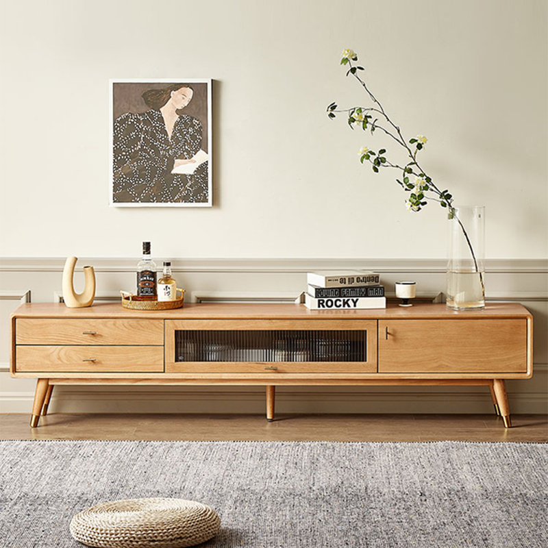 Meuble télé moderne et minimaliste en bois massif, H 17,7 po x L 70,9 po x l 13,8 po, Bois naturel