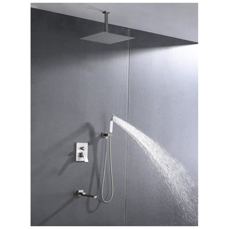 16 Inch Rainfall Shower System Combo with Handheld Showerhead and Tub Spout - Brushed Nickel Brass Bathroom Shower Fixture Set