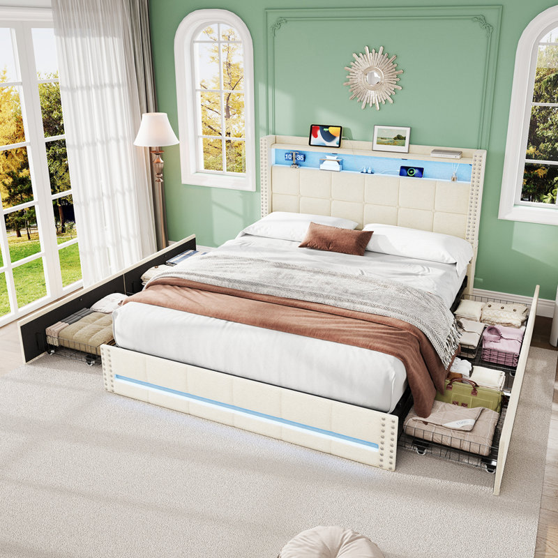Upholstered Storage Bed, Beige