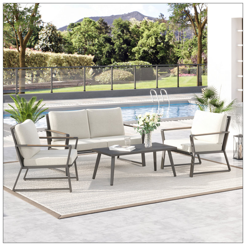 Ensemble de meubles de patio 4 pièces, ensemble de conversation en aluminium, ensemble de canapé de jardin extérieur avec fauteuils, causeuse, table basse centrale et coussins