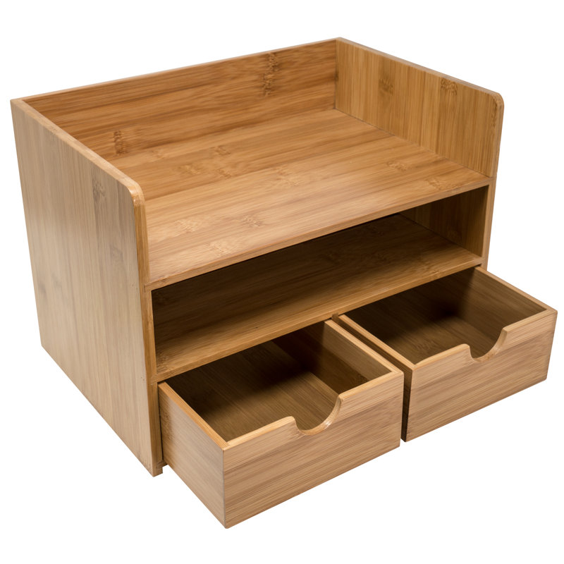 Antique Bamboo Wood Desk Organizer with 3 Drawers and Top Shelf