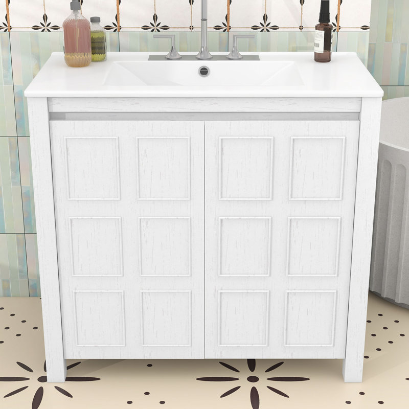 Meuble-lavabo de salle de bain avec lavabo en céramique, portes à fermeture douce et tablettes réglables, Blanc antique