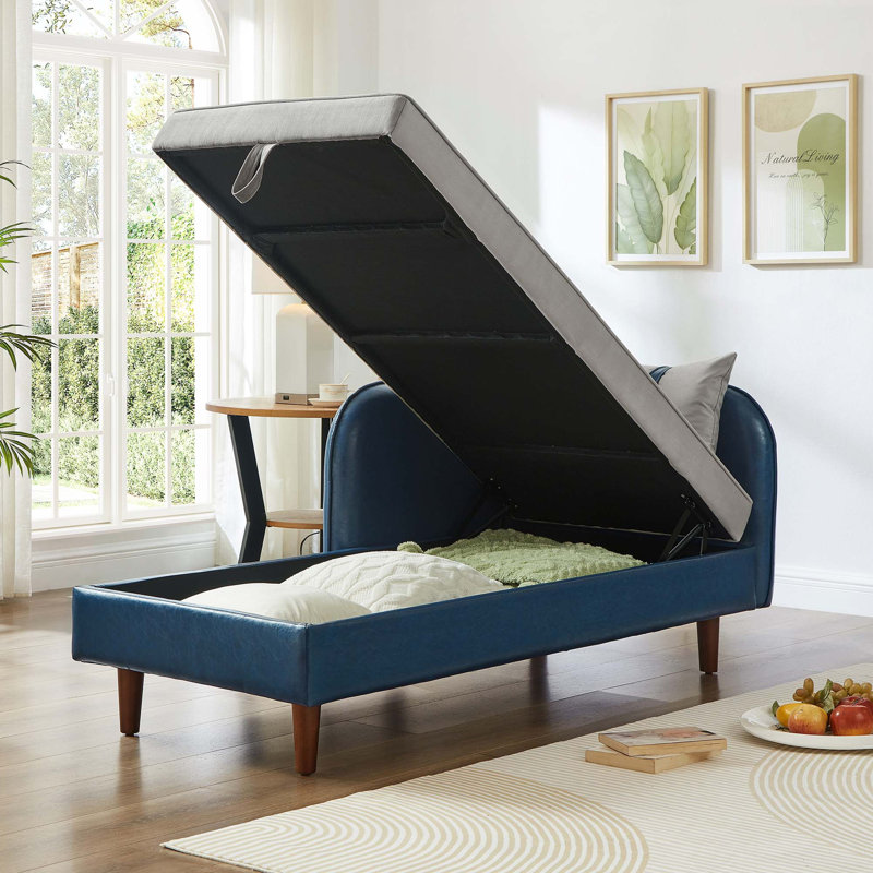 Canapé de rangement avec méridienne de rangement en polyuréthane et velours, Bleu/Gris