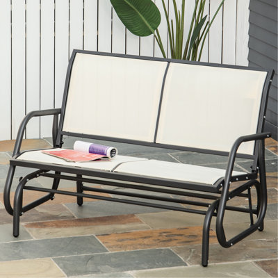 Patio Double Rocking Chair , 2 Outdoor Glider Swing Bench. Beige Water- Sling, Strong Powder Coated Steel Construction. Garden Porch. 47.25"l X 27.5"w 33.5"h Porch Chair, . Sling Fabric, Solid Frame.