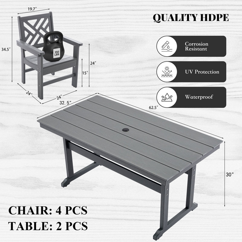 L'ensemble de salle à manger d'extérieur Hdpe, la table et les chaises d'extérieur 6 pièces comprennent 4 chaises de salle à manger et 2 tables de patio de 62,5 po avec trou pour parasol (gris)
