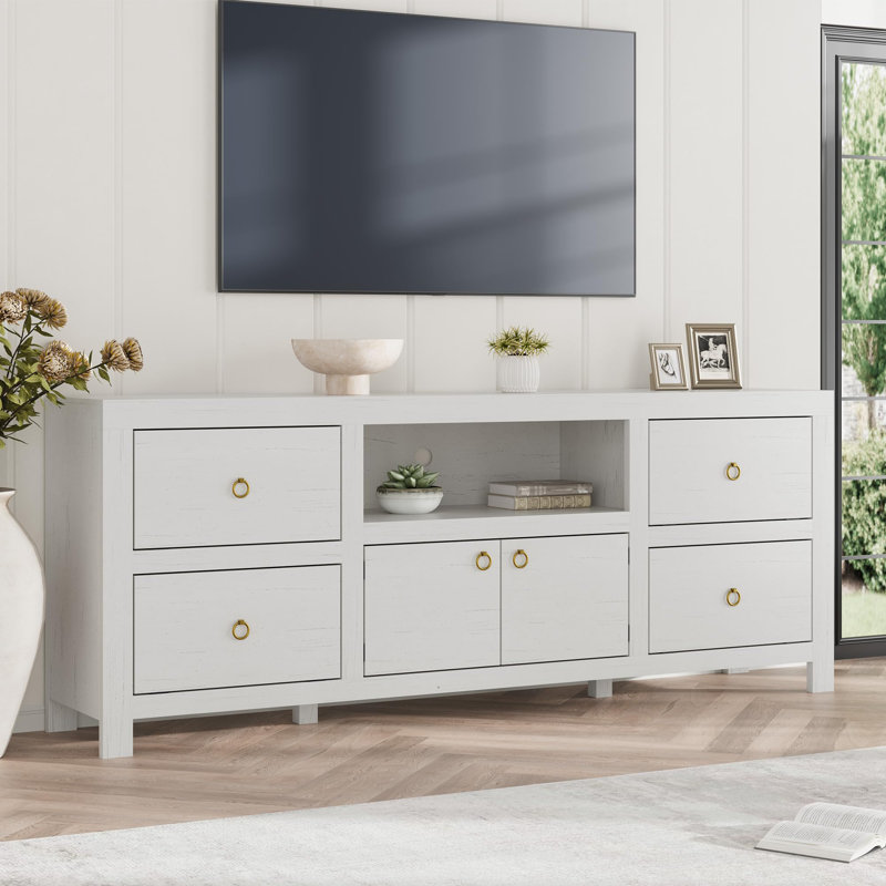 Farmhouse TV Stand for 75/80 Inch TVs, 70" Long Entertainment Center with 6 Storage Drawers & Soundbar Shelf, Television Consoles Stands for Living Room, Bedroom