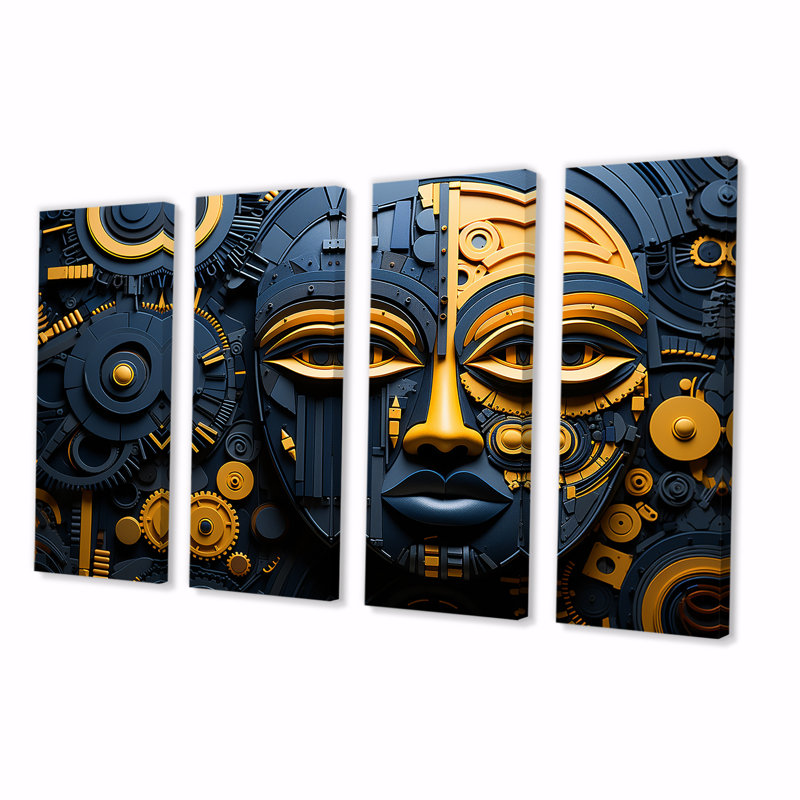 Masque africain jaune et bleu Kuba, H 28 po x l 48 po