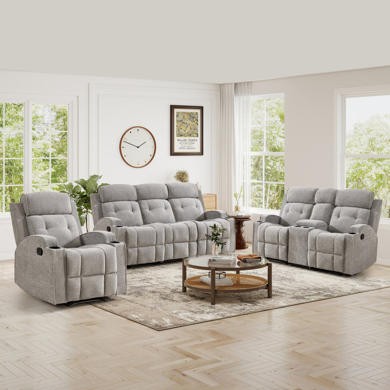 3-Piece Modern Manual Reclining Living Room Set With Overstuffed Recliner Chair, Loveseat With Storage Console And 3-Seat Sofa With Fixed Center