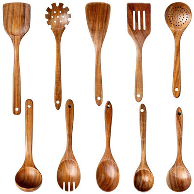 10 Pcs Cooking Utensil Set, Wooden Kitchen Utensils Set, Non-stick Heat Resistant, Environment-friendly