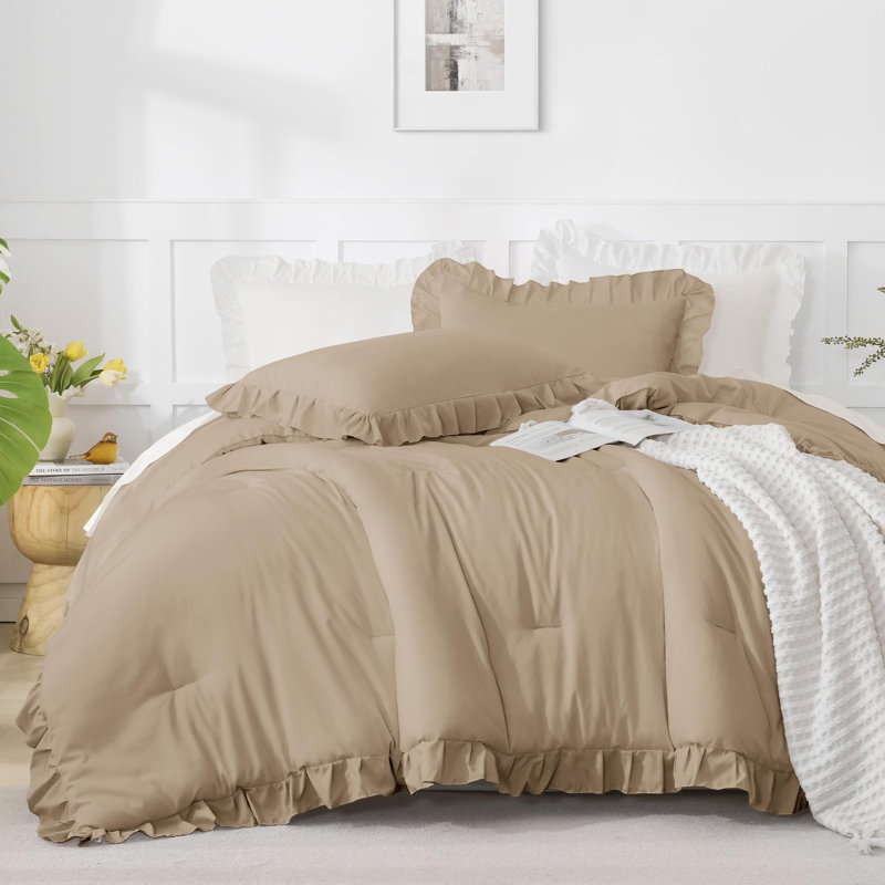 Andency Oversized King Ruffle Comforter Set 120x120, 3 Pieces Taupe Lightweight Fluffy Super King Bedding Set, Shabby Chic Famhouse All Season Bed Set for Girls Women