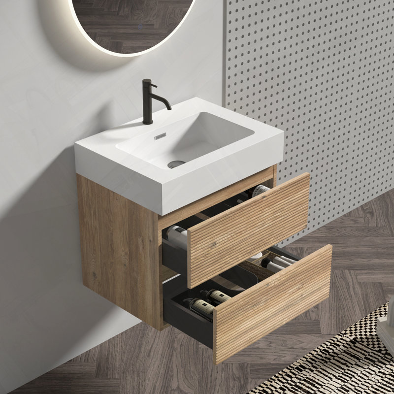 Meuble-lavabo mural flottant avec tiroirs souples et lavabo