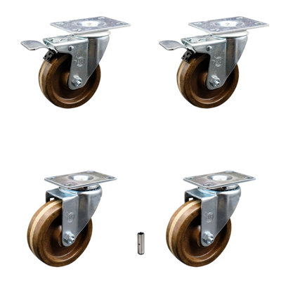 4 Inch High Temp Phenolic Wheel Swivel Top Plate Caster Set 2 Total Lock Brakes