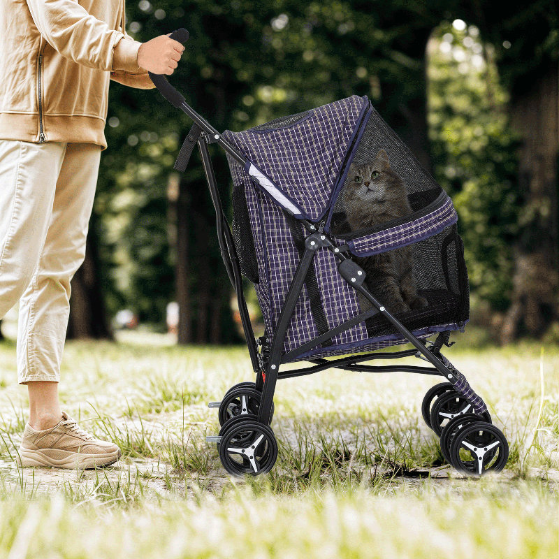 Plaid Steel Frame Foldable Pet Stroller with Rubber Wheels