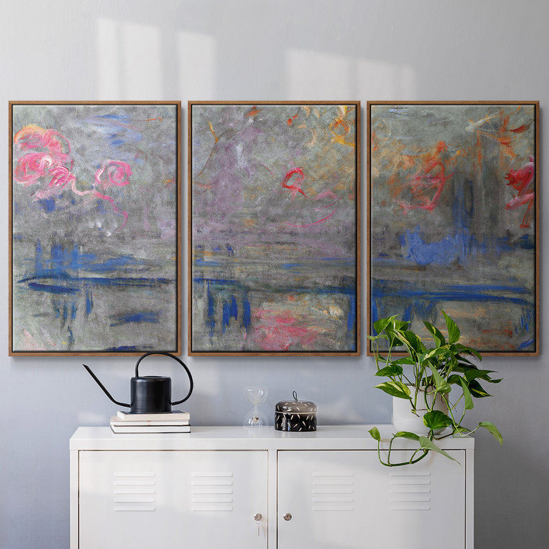 Monet - 3 pièces, reproduction encadrée sur toile, H 36 po x l 75 po x P 2 po, Argent