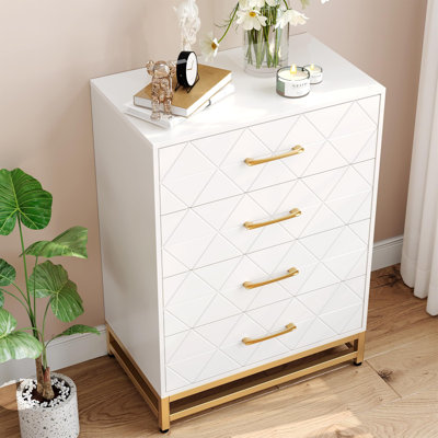 4 Drawer Dresser For Bedroom, Tall Bedroom Dresser With Large Drawer & Golden Handles, Wooden Modern Storage Cabinet Chest Of Drawer For Bedroom,Close by Mercer41