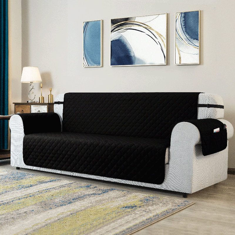 Housse pour causeuse à coussins carrés réversible et antidérapante, Microfibre noire / microsuède