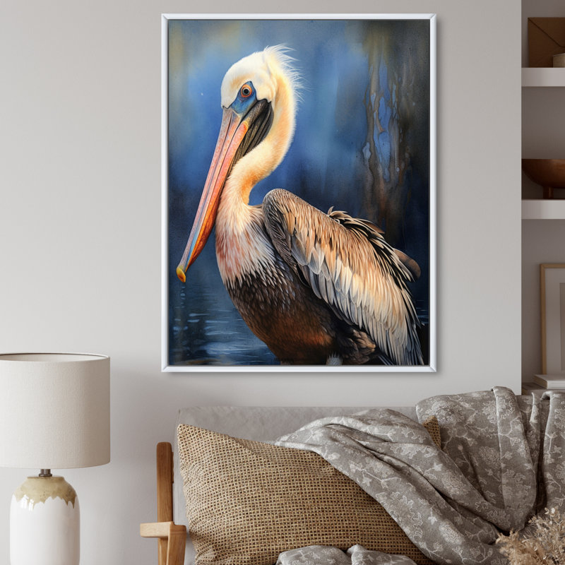 Majestic Pelican II - art mural sur toile Pelican, H 32 po x l 16 po x P 1 po, Cadre flottant blanc