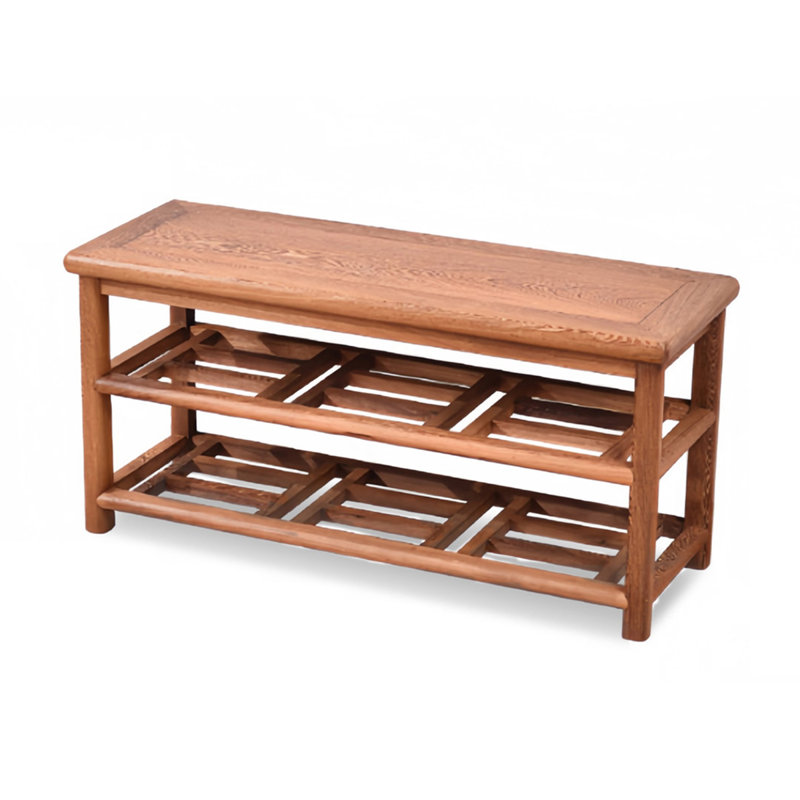 Chinese-Style Solid Wood Double-Layer Storage Shelf With Shoe Rack Function