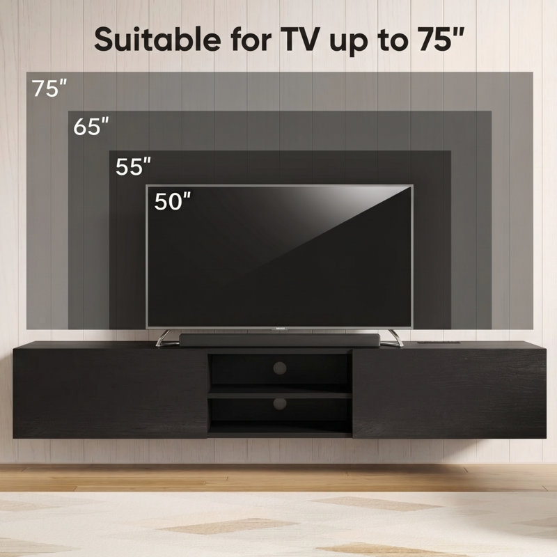 Waco 70'' Floating TV Media Console 2-Doors, Modern Wall-Mounted Wooden TV Stand Black, Black