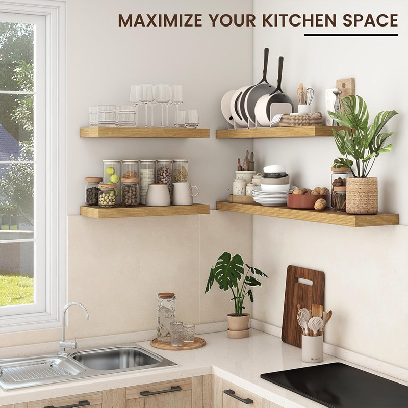 48" Large Floating Wall Shelves Set Of 2, Wood Shelves With Hidden Brackets, Oak, 1.5" H x 48" W x 9" D