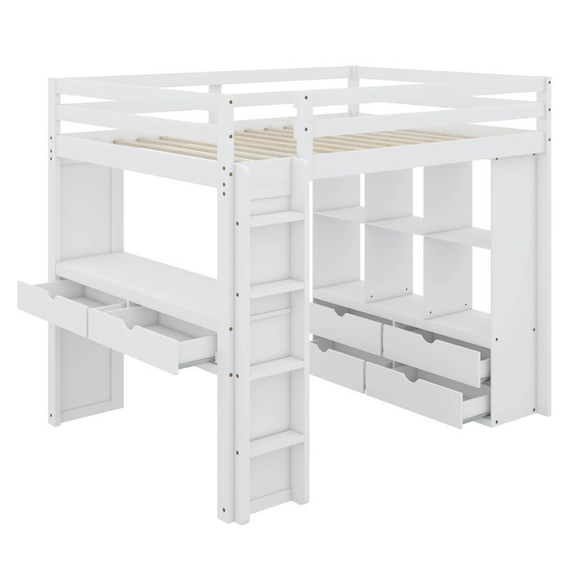 Jeneya Full Size Loft Bed with Large Shelves, Writing Desk and LED Light, White