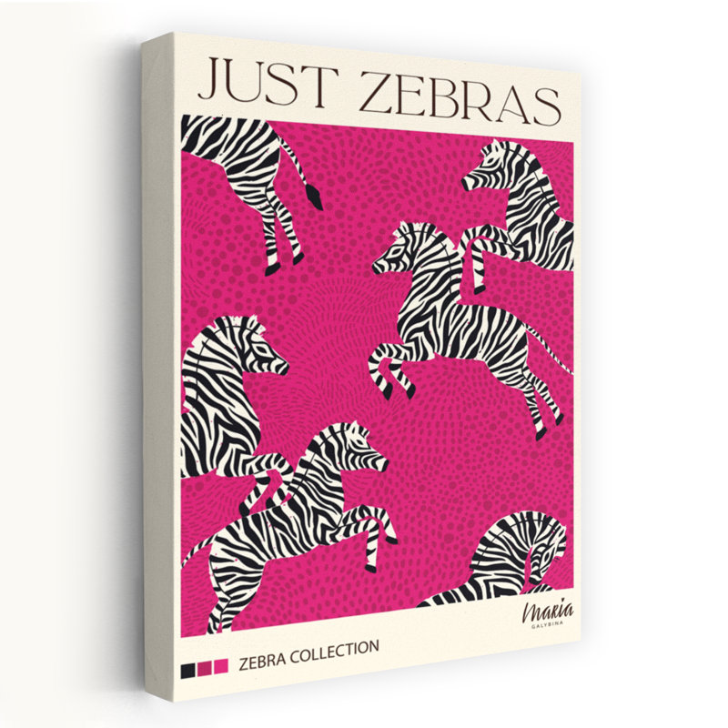 Dancing Pink Zebras Abstract Bold Modern Zebra Nature Wildlife Wall Art Print by Maria Galybina - Wrapped Canvas Print