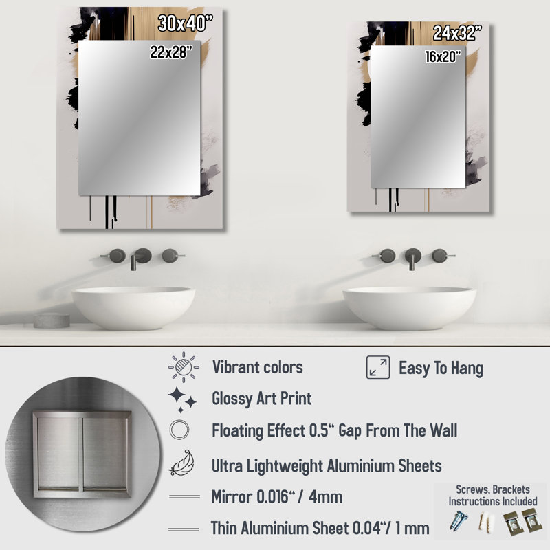 Black, White And Gold Expression III - Abstract Unique Wall Mirror Decor, Black Large Mirror, Printed Metal Art, 40" x 30"