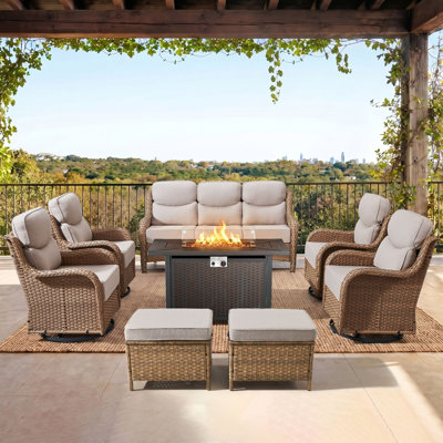 7-9 Person Outdoor Wicker Family Party Conversation Set With Swivel Rockers And Fire Pit