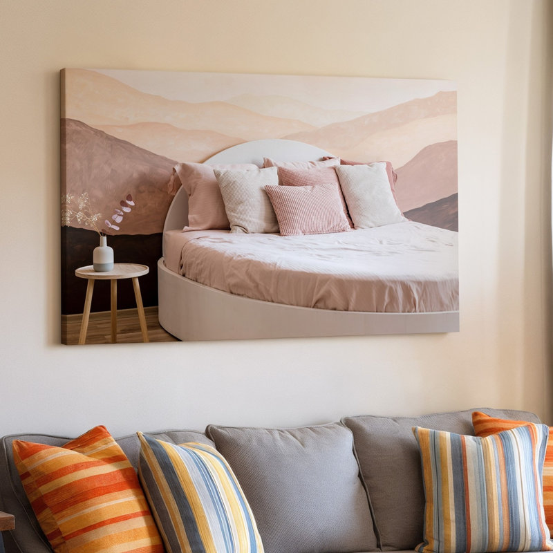 Toile, intérieur de chambre à coucher serein, art mural orné d'un lit blanc arrondi avec coussins texturés doux aux nuances variées de rosé