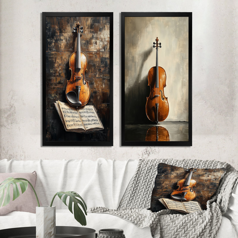 Lumière chaude sur les cordes I - Tableau encadré en deux parties représentant un violon, 40" H x 40" W, Black Picture Framed